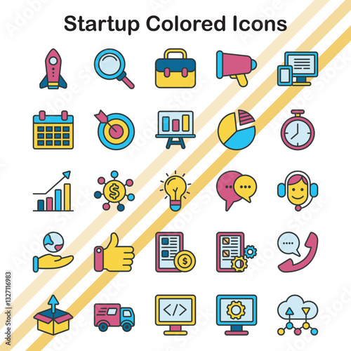 A set of colored icons for startups and innovation.