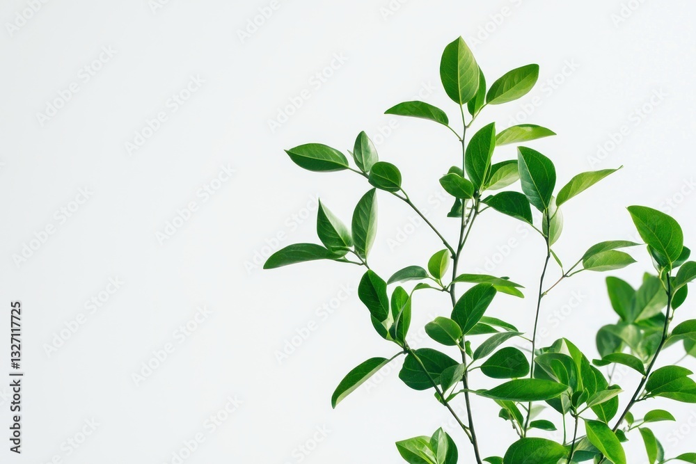 Obraz premium Fresh green leaves against white backdrop in sharp focus conveying tranquility and a minimalist modern aesthetic