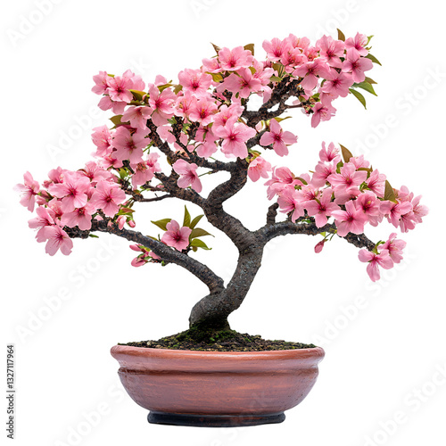 A Potted Cherry Blossom Tree with Delicate Pink Flowers Isolated on Transparent Background
