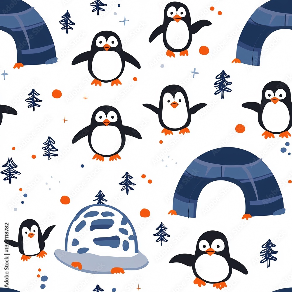 Fototapeta premium Seamless Pattern Featuring Cute Penguins and Igloos for Winter Themes