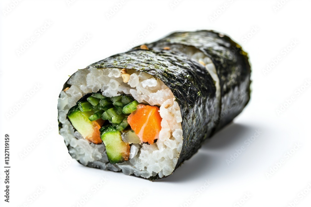 Fresh vegetarian sushi roll with seaweed healthy rice carrot cucumber and sesame seed on white cuisine background Fresh vegetarian sushi roll with seaweed healthy rice carrot cucumber and sesame seed on white cuisine background