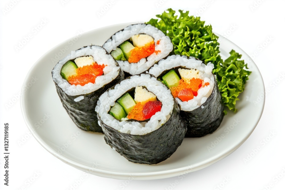 Delicious maki sushi roll assortment featuring fresh cucumber and fish roe on a white plate