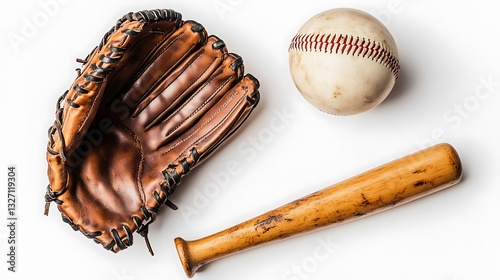 A baseball mitt bat and ball laid on a white surface