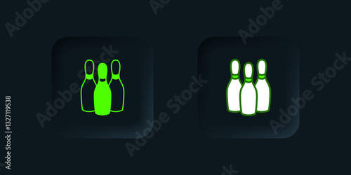 Green Bowling pin icon isolated on black background. Juggling clubs, circus skittles. Black square button. Vector