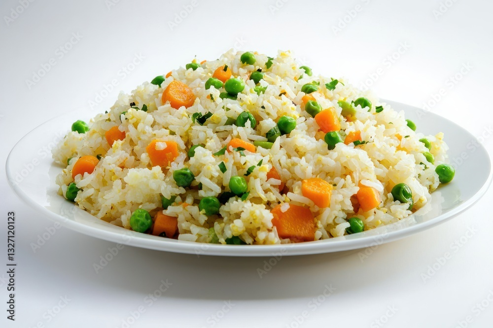 Delicious and Vibrant Fried Rice with Fresh Carrots and Green Peas on White Plate Food Photography Style Delicious and Vibrant Fried Rice with Fresh Carrots and Green Peas on White Plate Food Photography Style