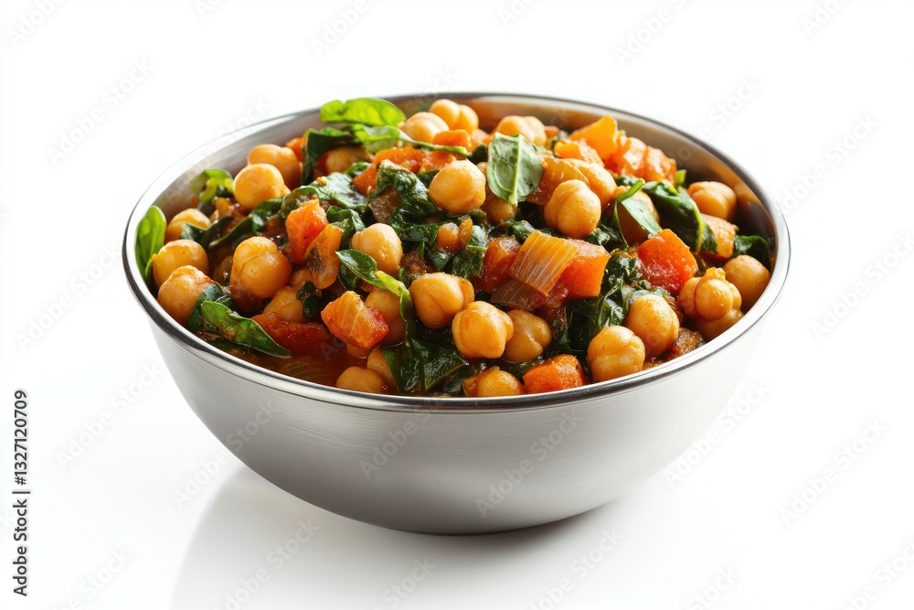 Delicious chickpea vegetable curry served in a metal bowl on white background for healthy meal concept Delicious chickpea vegetable curry served in a metal bowl on white background for healthy meal concept