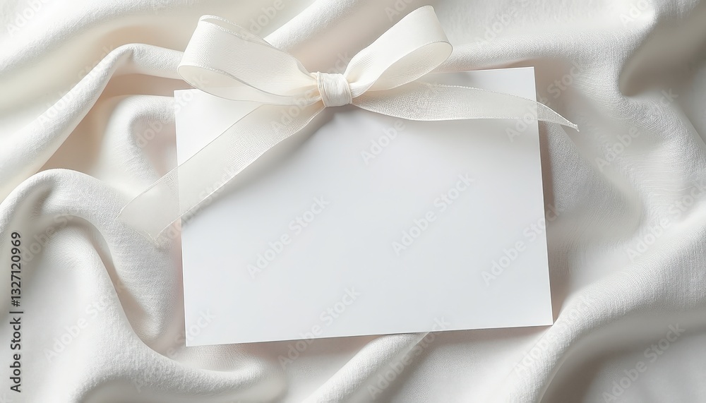 Elegant Mockup: White Gift Box with Ribbon on Luxurious Satin Fabric. A white gift box with a white ribbon tied around it. Elegant Mockup: White Gift Box with Ribbon on Luxurious Satin Fabric. A white gift box with a white ribbon tied around it.