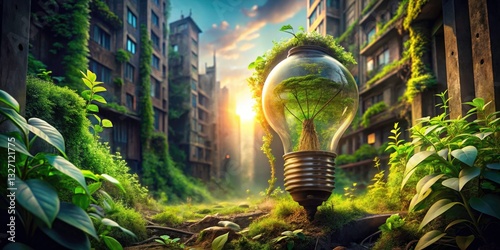 Eco Energy Light Bulb Green Leaves Urban Exploration Photography - Sustainable Power, Renewable Energy, Energy Saving