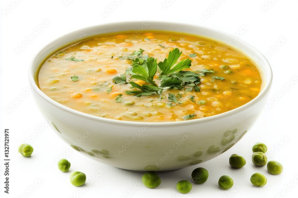 Creamy and hearty pea soup with fresh parsley garnish served in white bowl on a bright background studio shot Creamy and hearty pea soup with fresh parsley garnish served in white bowl on a bright background studio shot