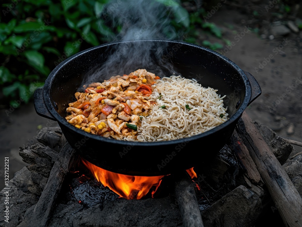 Cooking chicken and noodles over an open fire in a lush outdoor setting Cooking chicken and noodles over an open fire in a lush outdoor setting