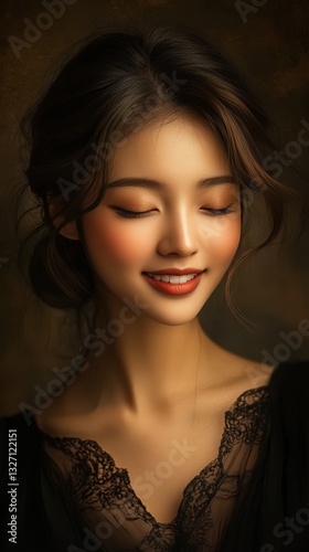 Serene Young Woman With Closed Eyes Wearing Black Lace