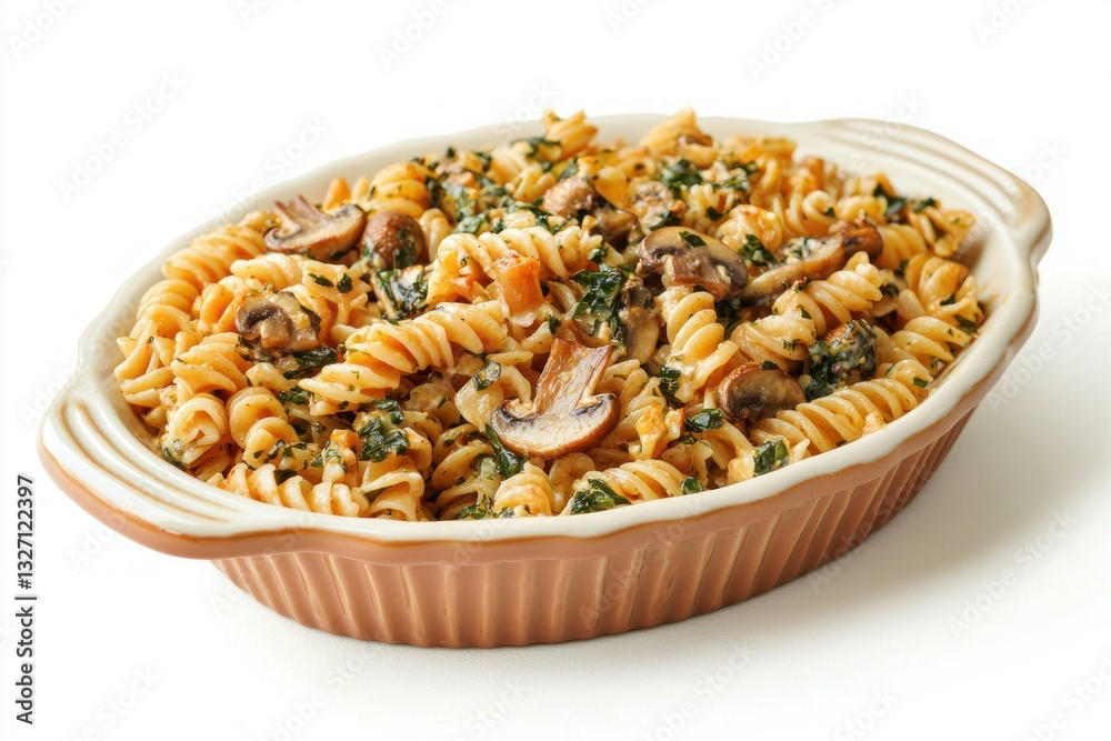 Delicious mushroom and spinach pasta dish in ceramic dish on a white surface close up healthy meal photography Delicious mushroom and spinach pasta dish in ceramic dish on a white surface close up healthy meal photography