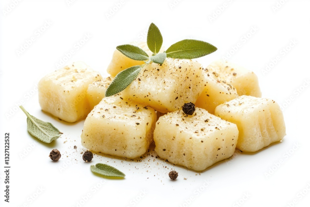 Delicious potato gnocchi with fresh sage and black pepper on a clean white background close up Delicious potato gnocchi with fresh sage and black pepper on a clean white background close up