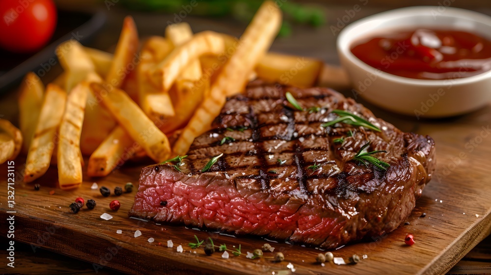 a cooked steak with grill marks on its surface, accompanied by a side of golden French fries. a cooked steak with grill marks on its surface, accompanied by a side of golden French fries.