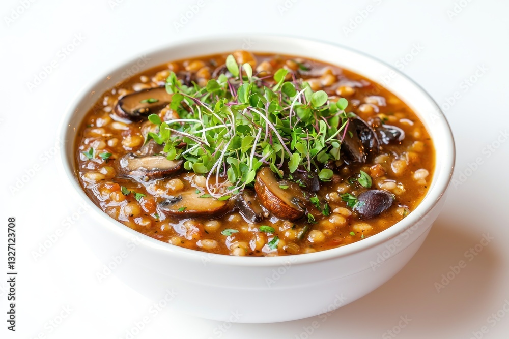 Hearty Mushroom Barley Soup in White Bowl Close Up Garnished with Fresh Sprouts Delicious Bowl of Food Photography Hearty Mushroom Barley Soup in White Bowl Close Up Garnished with Fresh Sprouts Delicious Bowl of Food Photography