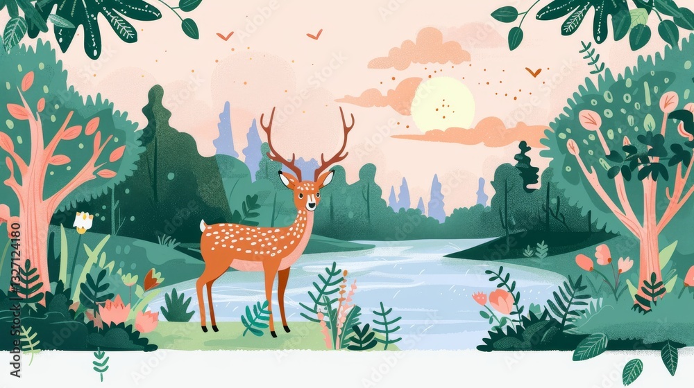 Obraz premium Serene artwork featuring a deer in a reflective lake, framed by vibrant foliage, majestic mountains, and a warm setting sun.