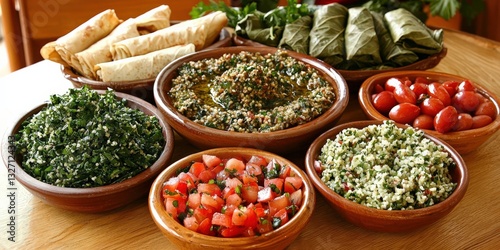 A table spread of Middle Eastern mezze dishes, including baba ghanoush, tabbouleh, and stuffed grape leaves photo