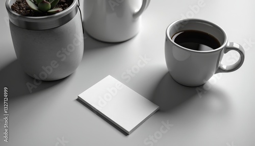 Stunning Mockup: White Surface with Coffee, Plant, and Elegant White Business Card. A white business card sitting on a table next to a cup of coffee. photo