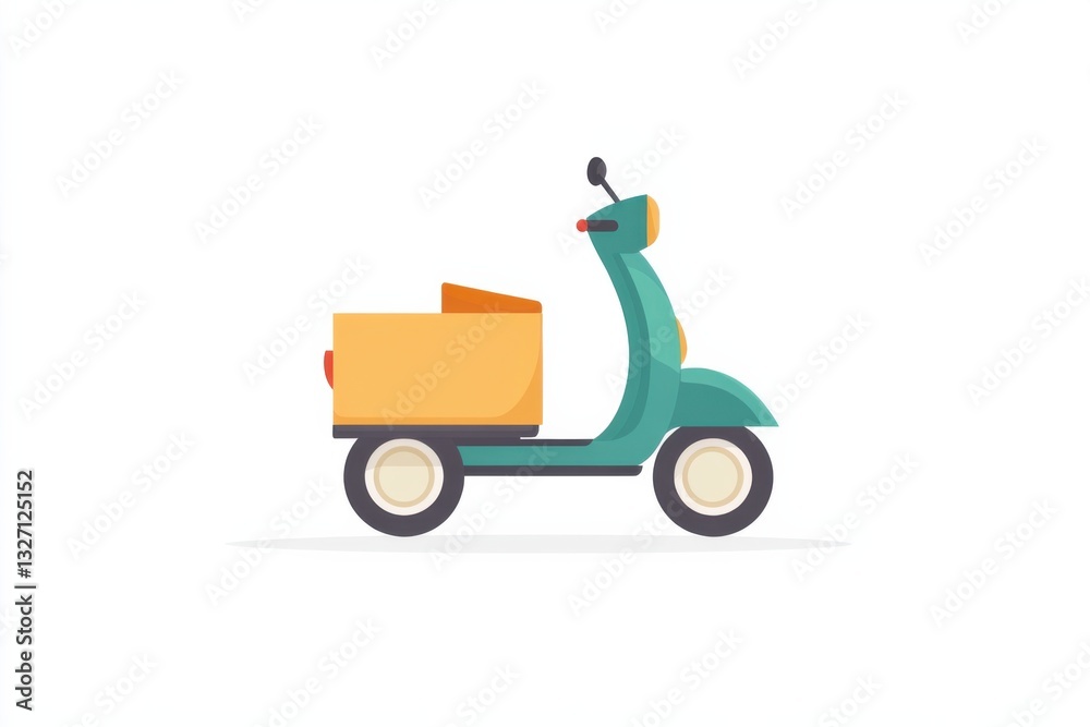 blue scooter with a cardboard box on the back. door-to-door grocery delivery, ordering food and goods in the app online. The scooter is parked on a white background. an illustration. blue scooter with a cardboard box on the back. door-to-door grocery delivery, ordering food and goods in the app online. The scooter is parked on a white background. an illustration.