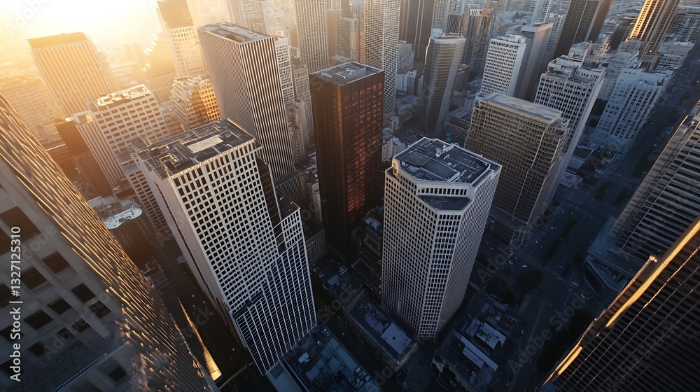 Obraz premium Stunning Aerial View of Skyscrapers Bathed in Golden Sunset Light Over a Busy Urban Cityscape : Generative AI