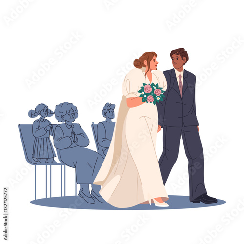 Bride and groom making altar walk at wedding ceremony. Vector romantic and sacred love commitment at church aisle. Marriage couple unity. Matrimony ceremony or engagement procession. Guests and family