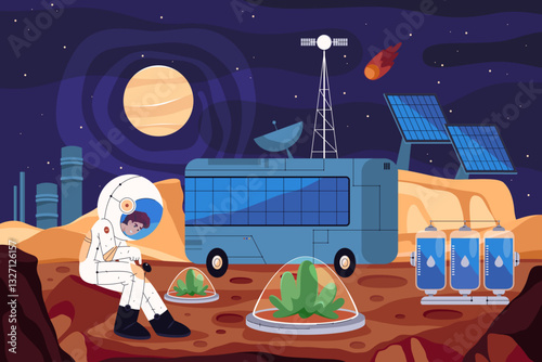 Mars base or red planet colony. Vector illustration of space colonization or first galaxy settlement with greenhouse and water. Cosmonaut at universe outpost on exploration mission. Spaceman journey.
