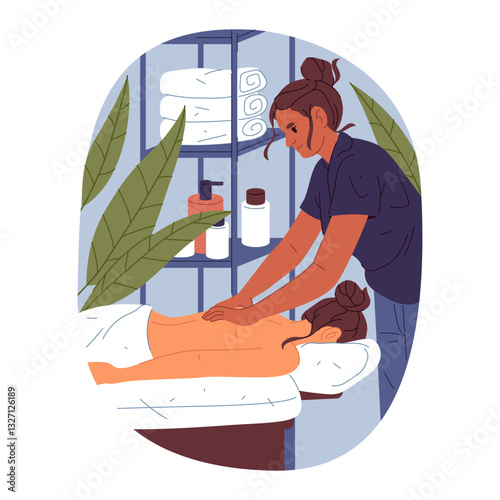 Vector poster for back massage or physiotherapy salon. Muscle relaxation procedure and spine relief. Orthopedist do manual therapy. Chiropractor health treatment. Recovery and relaxation. Therapeutic.