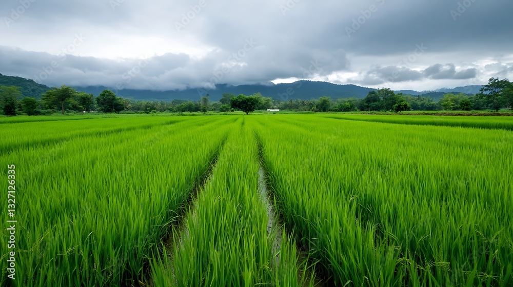 Fototapeta premium Vibrant green rice fields stretching under a cloudy sky in a picturesque rural landscape : Generative AI