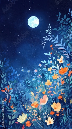 A beautiful nighttime scene featuring flowers and a bright full moon