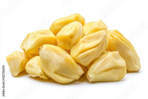 Fresh jackfruit pulp pile on white background macro studio shot healthy vegetarian ingredient