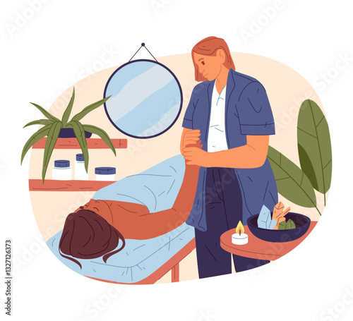 Hand or palm massage. Vector sign for orthopedist therapy session, body treatment at beauty salon. Skin care and relaxation, finger relief or recovery. Health care. Chiropractor soothing procedure.