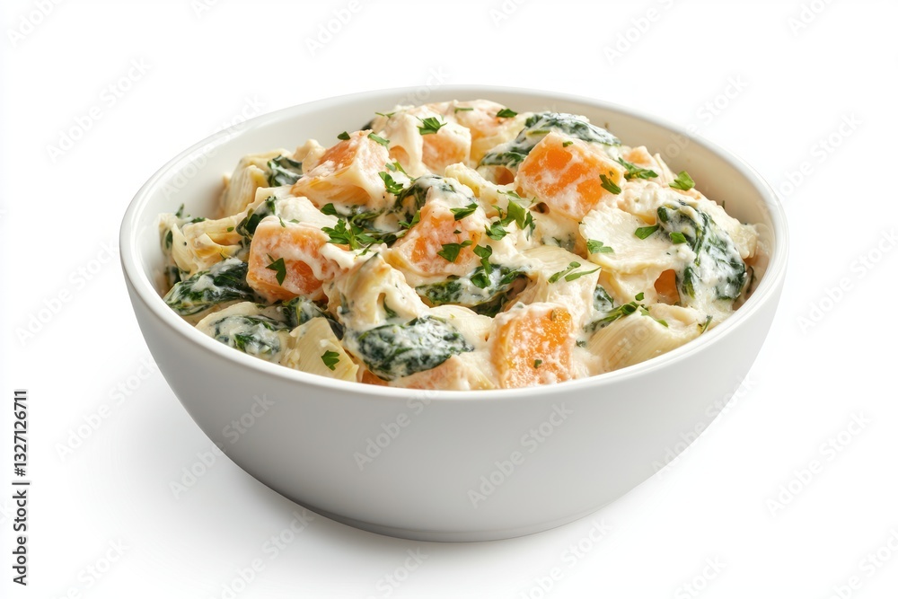 Delicious pasta dish with creamy sauce spinach and butternut squash in white bowl tempting presentation
