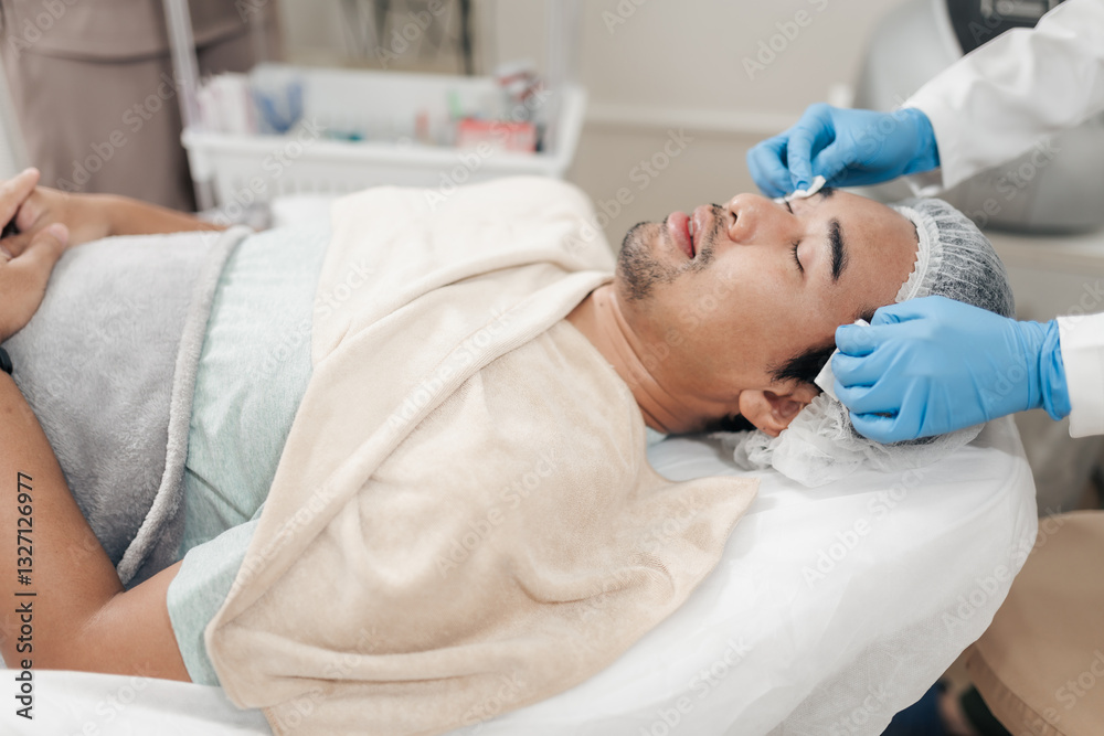 Obraz premium After laser facial treatment, A man receives cleaning cooling gel on his face. Skincare men rejuvenation concept.