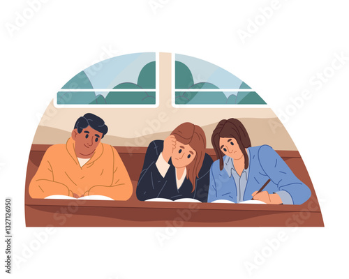 University students at desk. Vector sign for study and learning. Academic life and teamwork, research and collaboration. Higher education environment with books. Course and curriculum, brainstorm.