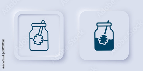 Filled and outline Jar of honey and honey dipper stick icon isolated on grey background. Food bank. Sweet natural food symbol. Honey ladle. Square button. Vector