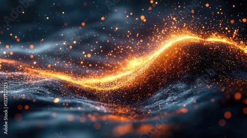 Abstract Glowing Particle Wave Background with Dynamic Orange and Blue Energy Flowing Across Dark Space.  High-resolution 3D Render of Vibrant Cosmic Dust.