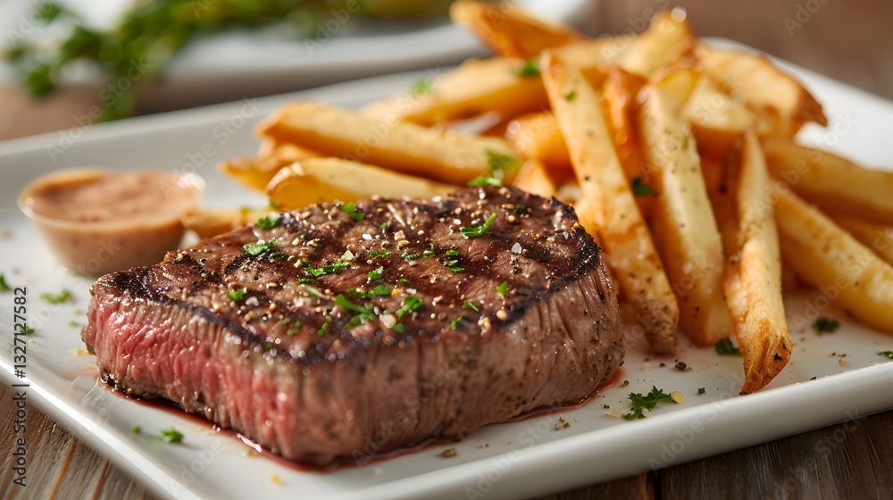 a cooked steak with grill marks on its surface, accompanied by a side of golden French fries. a cooked steak with grill marks on its surface, accompanied by a side of golden French fries.