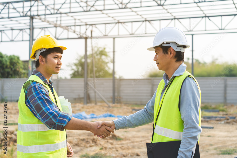 Engineer team building, teamwork contractor asian young man partnership, builder agreement handshake plan home project contract at construction site .Happy architect, surveyor worker shaking hands. Engineer team building, teamwork contractor asian young man partnership, builder agreement handshake plan home project contract at construction site .Happy architect, surveyor worker shaking hands.