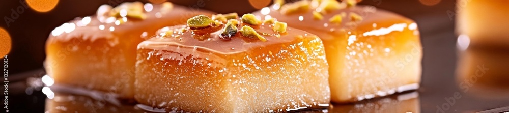 Close-up of a sweet dessert topped with syrup and pistachios in an elegant presentation. Generative AI Close-up of a sweet dessert topped with syrup and pistachios in an elegant presentation. Generative AI