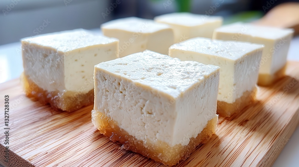 Tofu organic making homemade. Delicious creamy dessert squares on a wooden board. Tofu organic making homemade. Delicious creamy dessert squares on a wooden board.
