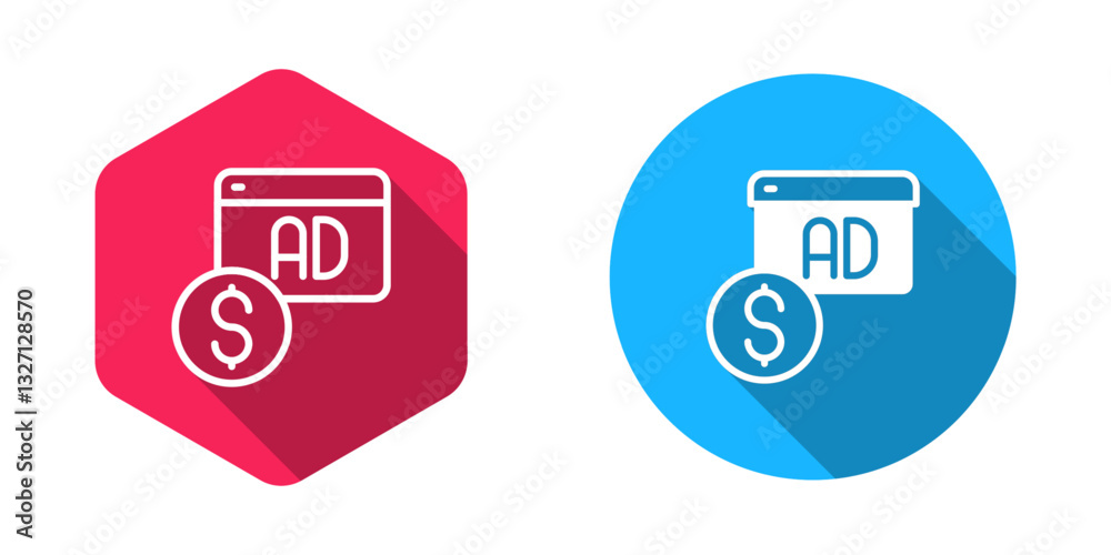 Filled and outline Advertising icon isolated with long shadow background. Concept of marketing and promotion process. Responsive ads. Social media advertising. Vector Filled and outline Advertising icon isolated with long shadow background. Concept of marketing and promotion process. Responsive ads. Social media advertising. Vector