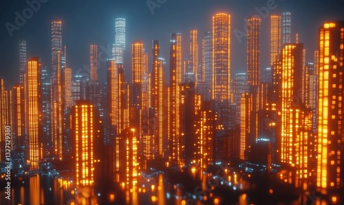 Glowing futuristic cityscape at night, ideal for sci-fi backgrounds