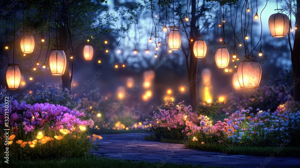 A night garden illuminated by soft fairy lights, with glowing lanterns and flowers bathed in subtle shadows. A night garden illuminated by soft fairy lights, with glowing lanterns and flowers bathed in subtle shadows.