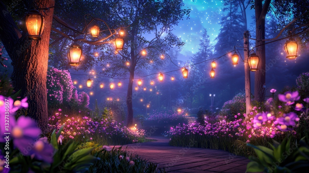 Obraz premium A night garden illuminated by soft fairy lights, with glowing lanterns and flowers bathed in subtle shadows.