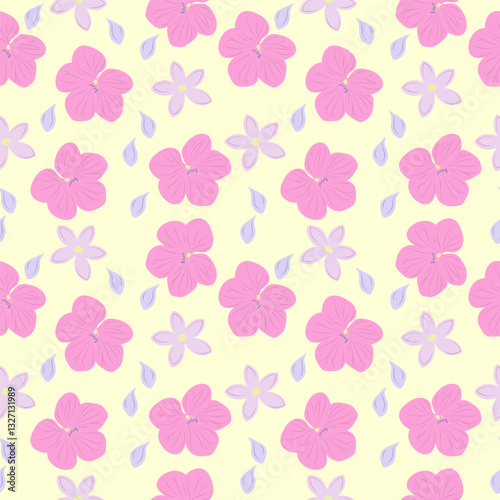 Floral seamless pattern in pastel colors. Vector flat illustration on yellow background