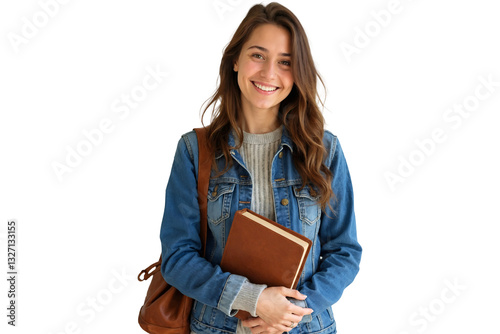 Smiling young student girl with book isolated on transparent background