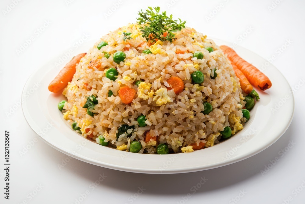 Exquisite close up of tempting asian fried rice dish with vibrant fresh vegetables on white plate for culinary enjoyment Exquisite close up of tempting asian fried rice dish with vibrant fresh vegetables on white plate for culinary enjoyment