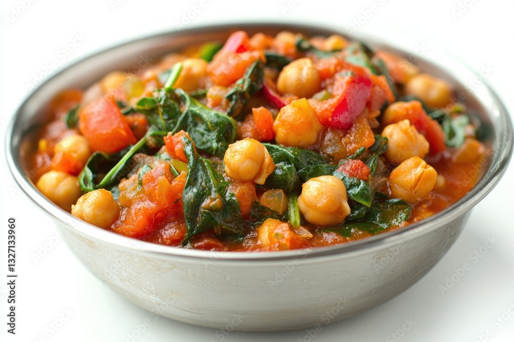 Nutritious Chickpea Curry with Spinach and Tomato Slices in Stainless Steel Bowl Healthy Vegetarian Meal Nutritious Chickpea Curry with Spinach and Tomato Slices in Stainless Steel Bowl Healthy Vegetarian Meal