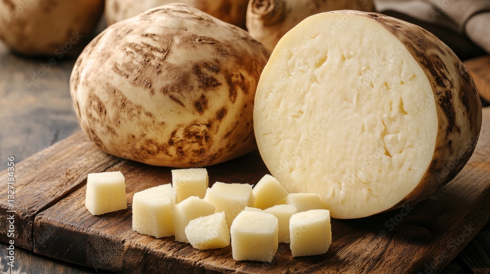 Fototapeta premium Freshly harvested jicama root, cut into cubes, ready for consumption.