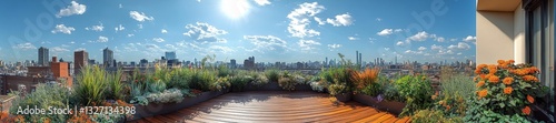 Panoramic view of a vibrant rooftop garden with stunning skyline in the background. Generative AI